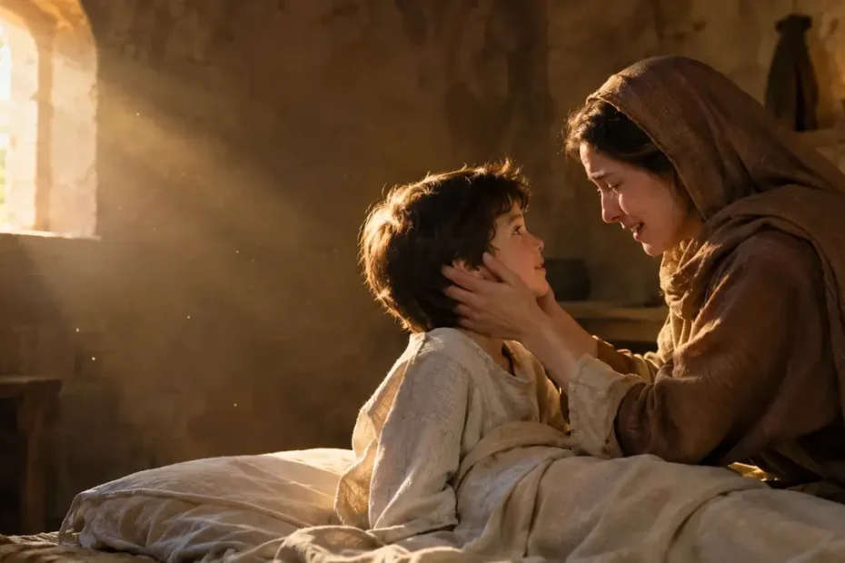 Resurrection boy sitting up in golden dawn light as his mother kneels beside him in an ancient stone room