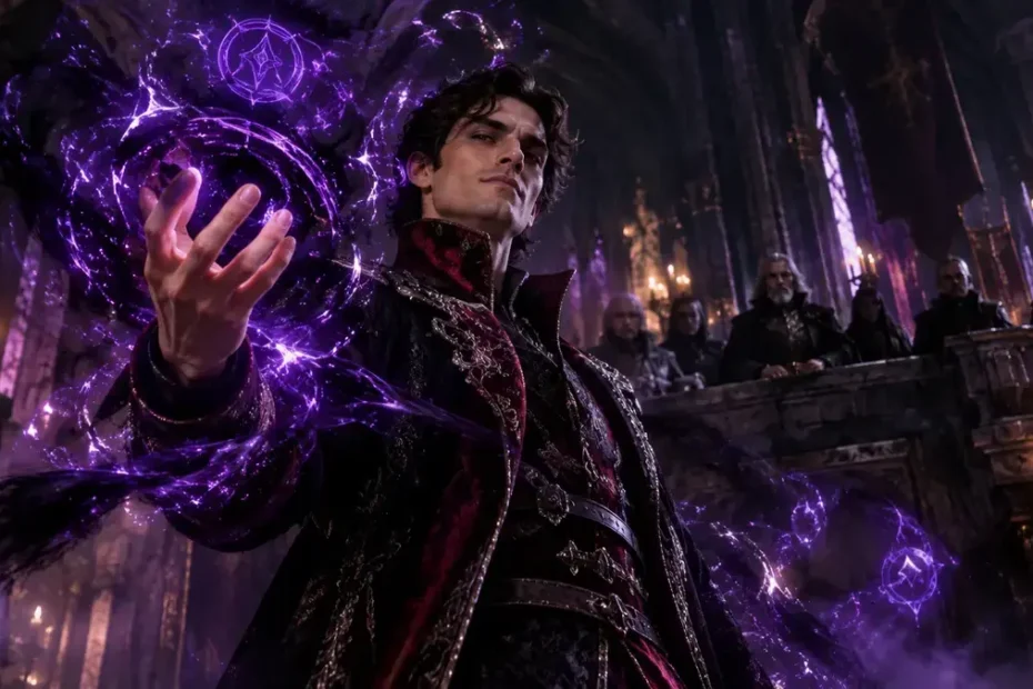 Young noble casting dark magic in a gothic castle hall, featured image for I Became the Genius Bastard of a Noble Dark Clan