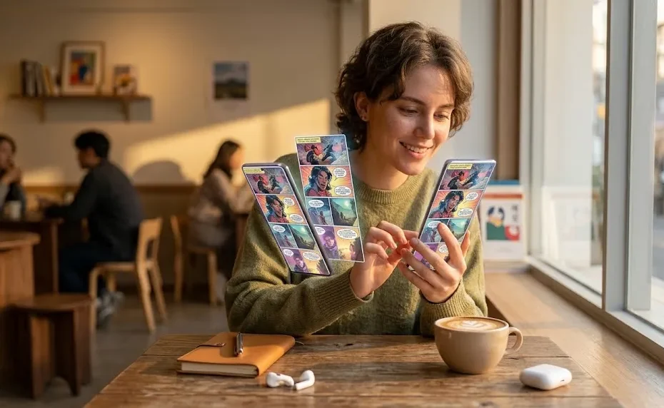 Reader scrolling a vertical webtoon manhwa on a smartphone in a cozy café